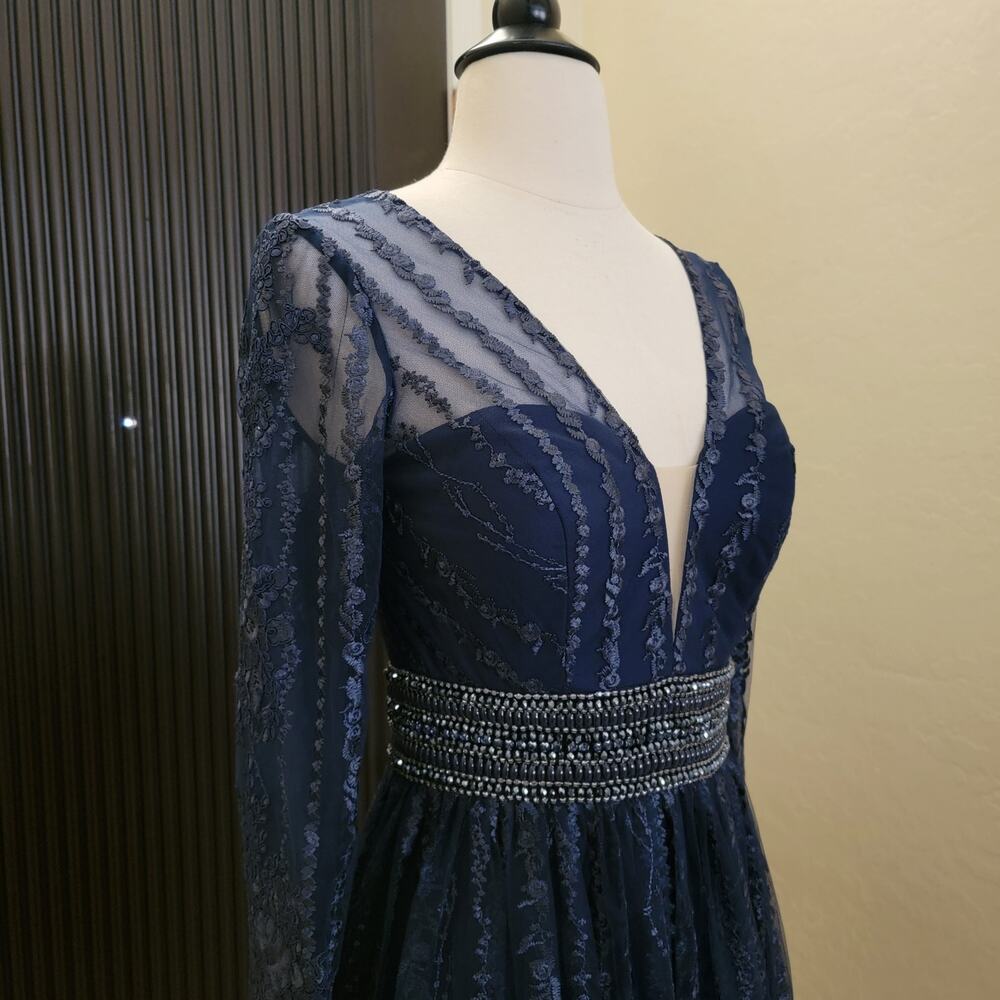 Mac Duggal 66591 Navy Blue 2 Long Sleeve Formal Embroidered Maxi Gown Dress - Picture 3 of 15